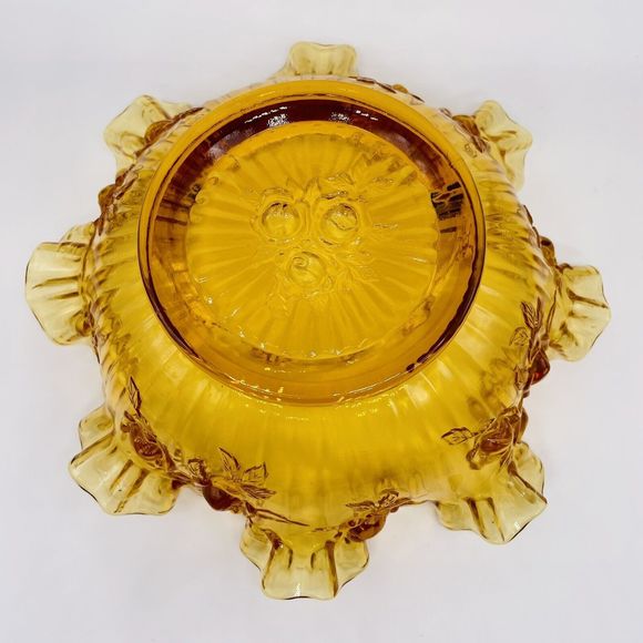 Vintage Fenton Cabbage Rose Amber Glass Candy Bowl 9” Diameter Mint Condition - Picture 5 of 6